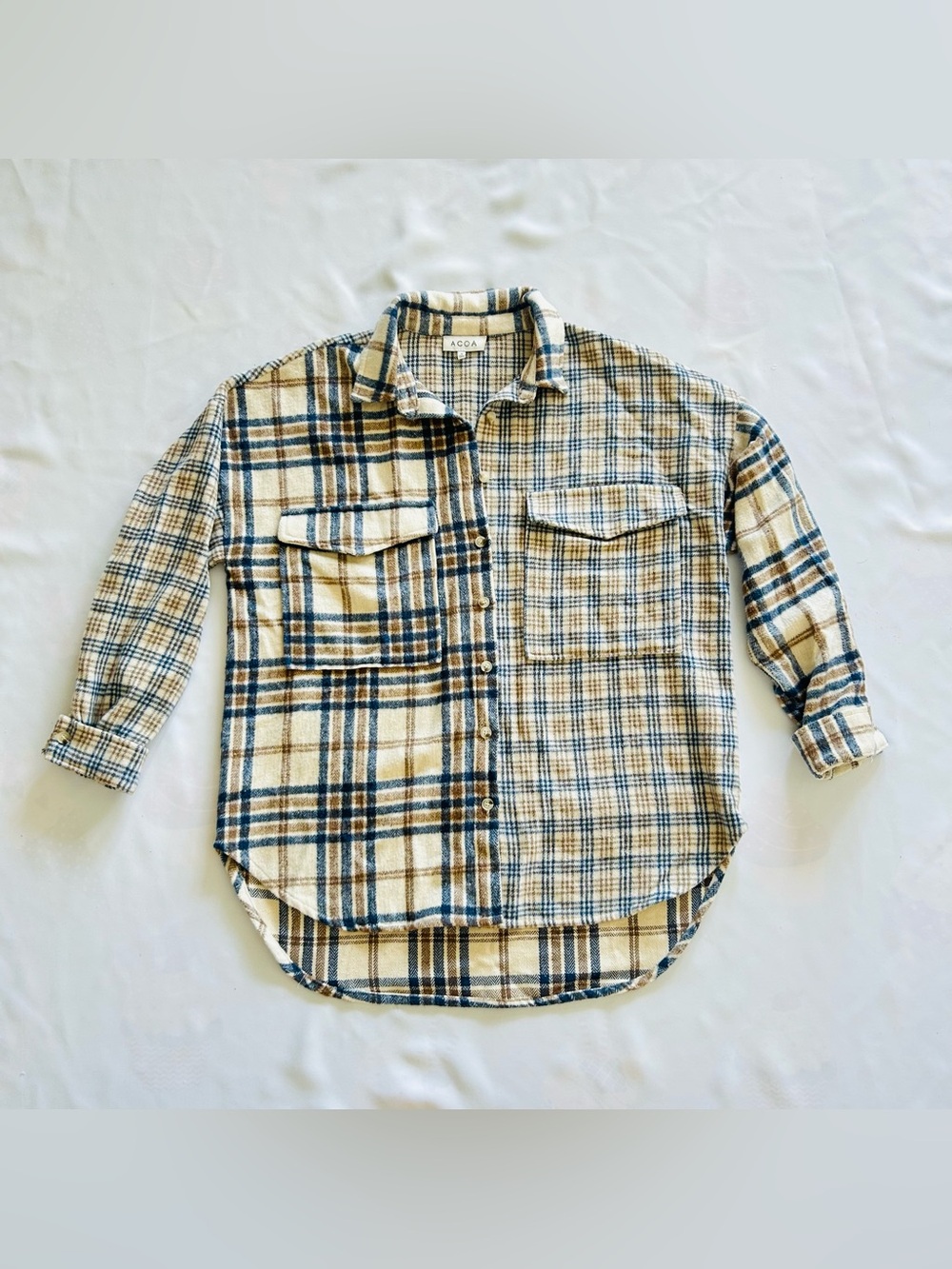 Pre-loved Small Acoa Oversized Button Shirt Block Plaid Cream Blue Pockets Soft